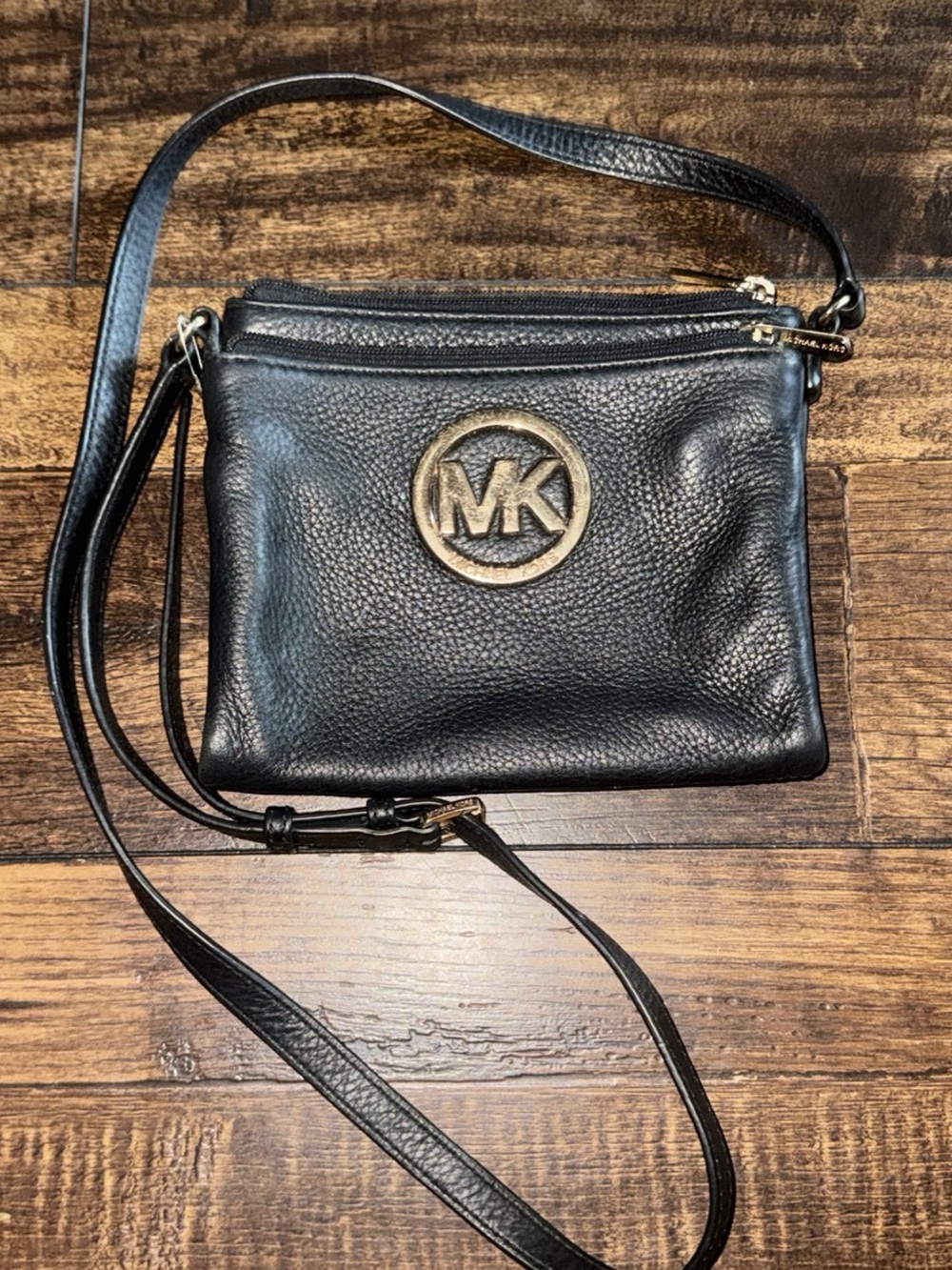 Michael Kors Black Leather Crossbody with Gold MK Emblem